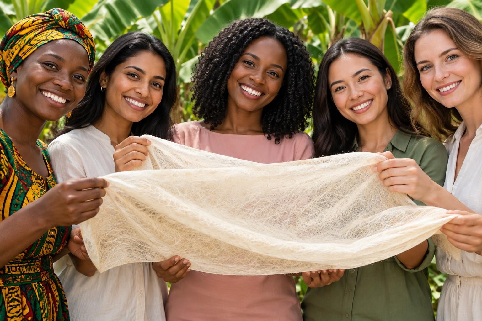 Five women holding a sheet of banana fibre cloth at a plantation