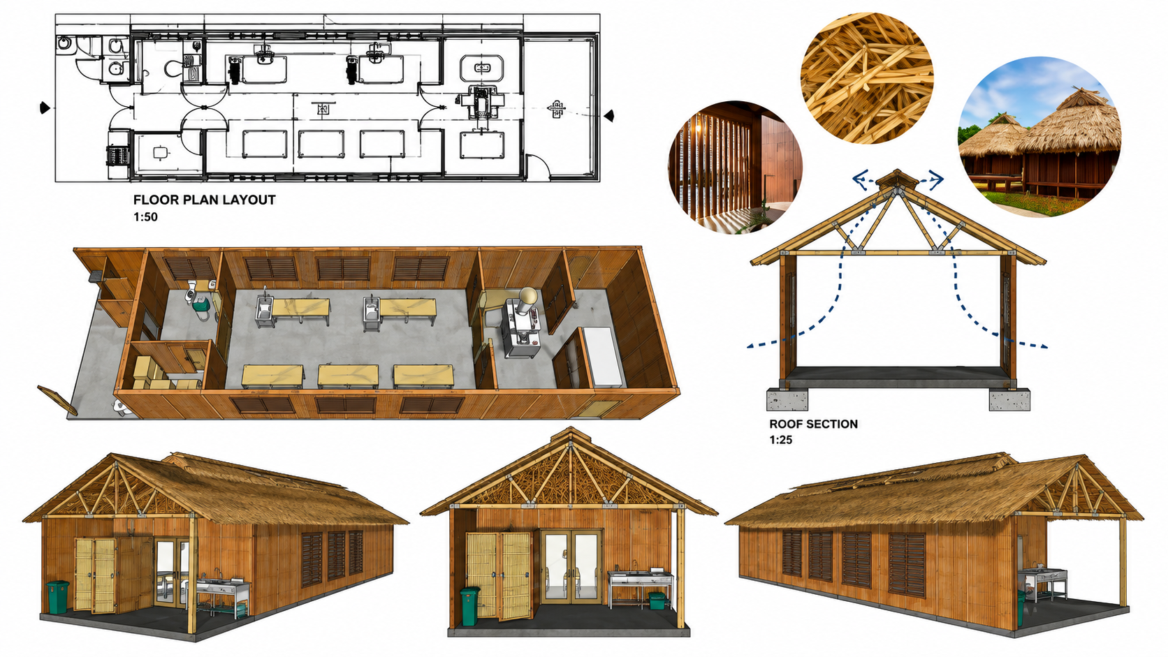 Facility design drawings, floor plan, elevations and structural section by Patrick Daly