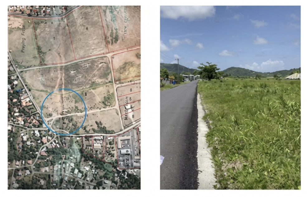 Facility building rendering with site location map and Vieux Fort site photo by Amanda Alexander
