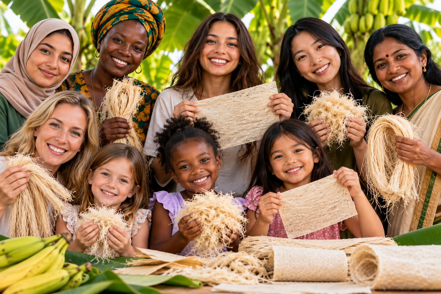 Women and girls holding banana fibre in a plantation
