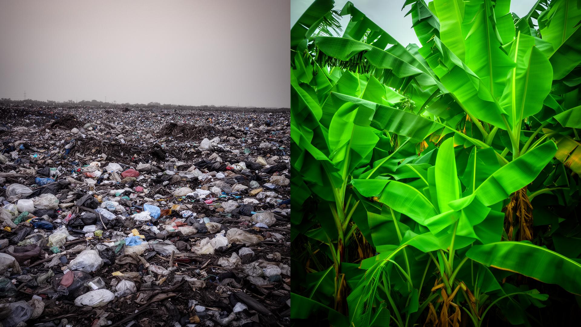 Plastic waste contrasted with lush banana plants